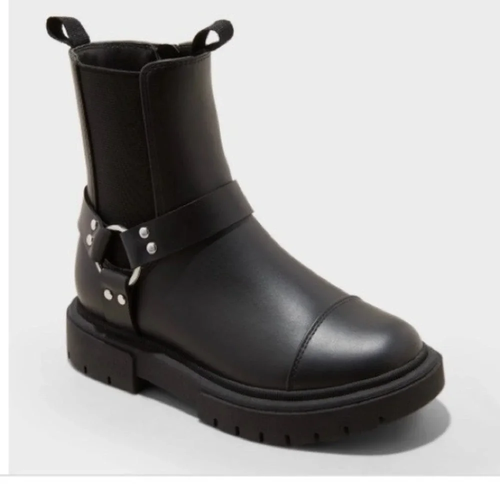 Art Class Black Faux Leather Crosby Harness Moto Boots Zip Chunky Size‎ 3 Girls